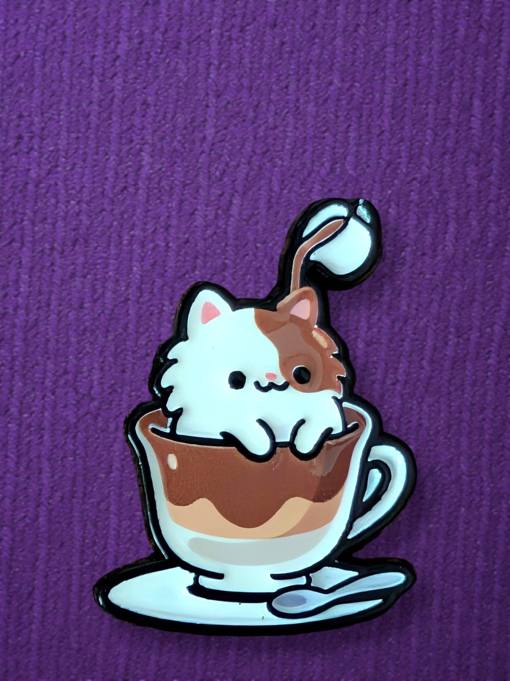 Cute Cat in Teacup Enamel Pin - White & Brown ☕🐈 Coffee Cat